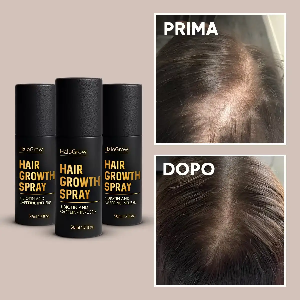 HaloGrow hair spray bottles and before-and-after hair imagery